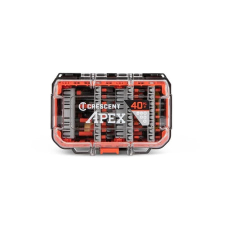 The front exterior of the Crescent Apex alphaCASE featuring a transparent lid for easy identification of the 40-piece impact-rated bit set and a secure orange locking latch.