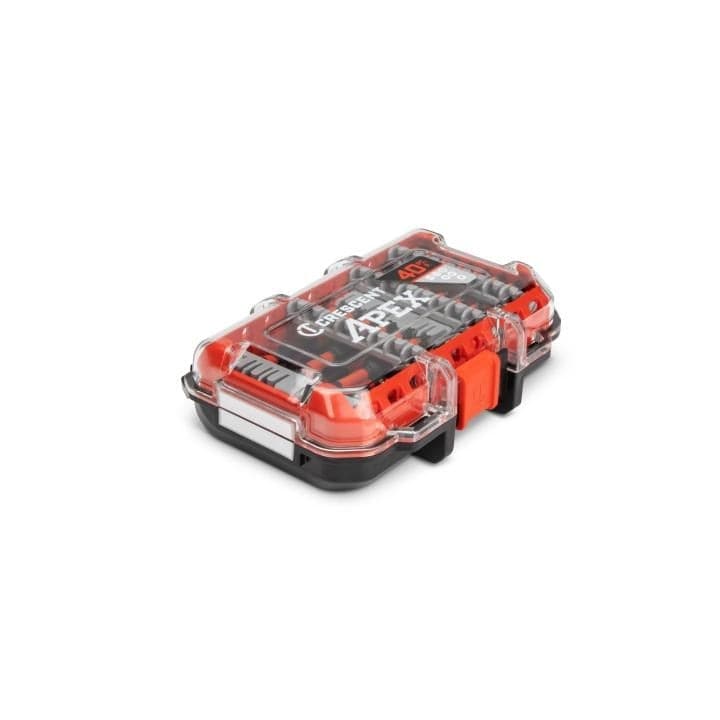 A closed, perspective view of the compact Crescent Apex CAESET-40 alphaCASE, showing the portable design and secure storage for the 40-piece insulated bit collection.