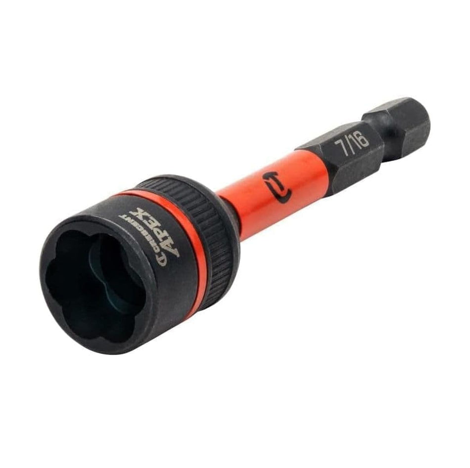 A perspective view of the Crescent Apex CAVBX2D28 7/16 inch Bolt Biter impact nut extractor highlighting the 1/4 inch hex shank for power tool compatibility and the precision-machined extraction head.