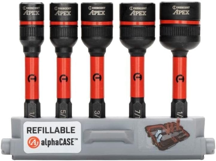 A five-piece Crescent Bolt Biter SAE impact bolt extractor set featuring a bi-directional design for removing or tightening damaged fasteners, shown organized in a gray storage rail with high-visibility laser markings.
