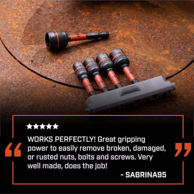 Marketing graphic featuring a five-star user review of the Crescent Bolt Biter set, emphasizing its superior gripping power for removing broken, damaged, or rusted nuts and bolts.