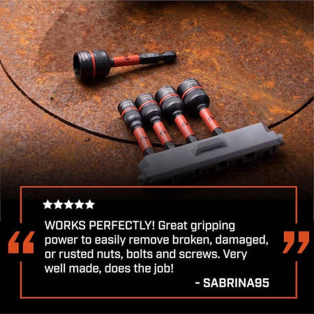 Marketing graphic featuring a five-star user review of the Crescent Bolt Biter set, emphasizing its superior gripping power for removing broken, damaged, or rusted nuts and bolts.