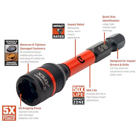 An informative product graphic for the Crescent Bolt Biter extractor detailing its 50x life in impact applications, 5x gripping force, and tapered flute design for high-torque nut and bolt removal.