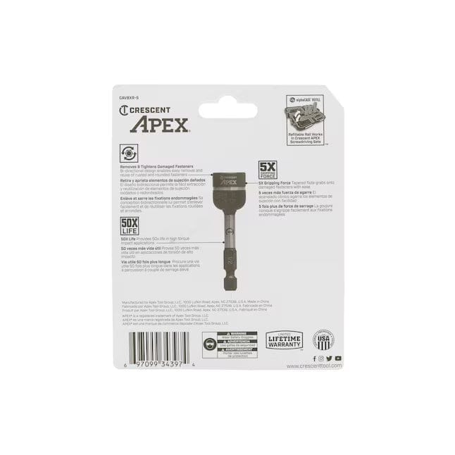 The rear of the Crescent APEX Bolt Biter packaging illustrating the bi-directional extraction technology and the tapered flute system that grips damaged hardware with ease.