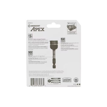 The rear of the Crescent APEX Bolt Biter packaging illustrating the bi-directional extraction technology and the tapered flute system that grips damaged hardware with ease.