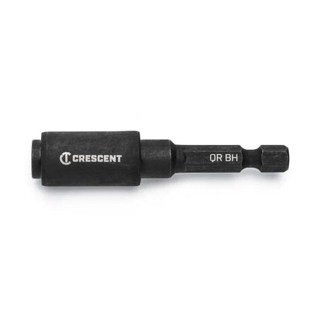 Profile view of Crescent 2-inch bit holder featuring a black oxide finish, white Crescent logo, and hex shank marked QR BH