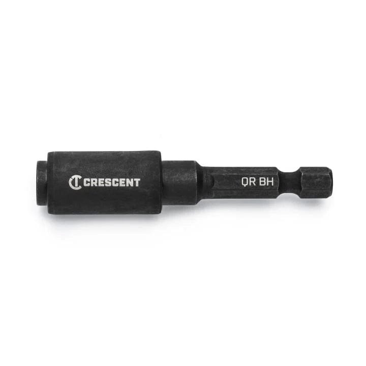 Profile view of Crescent 2-inch bit holder featuring a black oxide finish, white Crescent logo, and hex shank marked QR BH