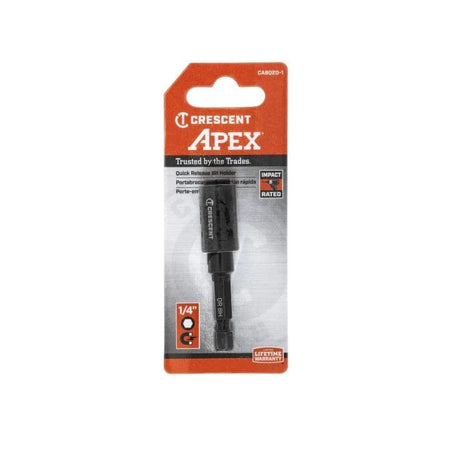 Front view of Crescent Apex retail packaging displaying the 2-inch impact rated bit holder with magnetic tip icons