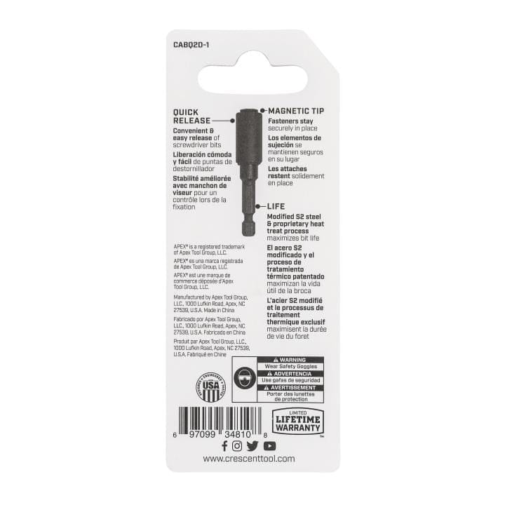 Rear packaging view for Crescent CABQ2D-1 detailing quick release features, magnetic tip benefits, and S2 steel construction specifications