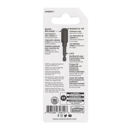 Rear packaging view for Crescent CABQ2D-1 detailing quick release features, magnetic tip benefits, and S2 steel construction specifications