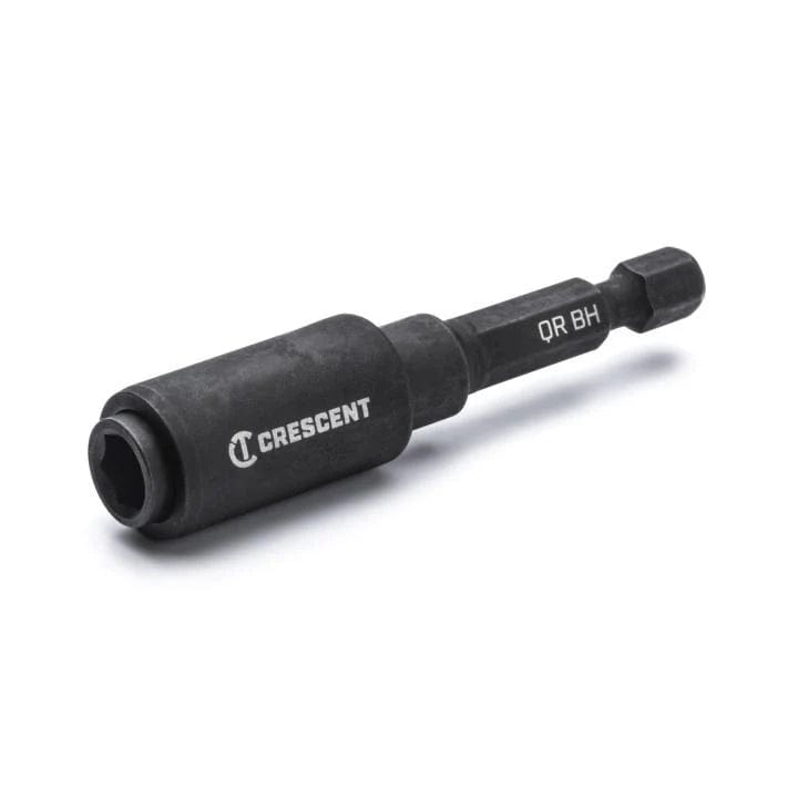Angled perspective of the Crescent quick release bit holder showing the locking sleeve mechanism and 1/4 inch hex opening