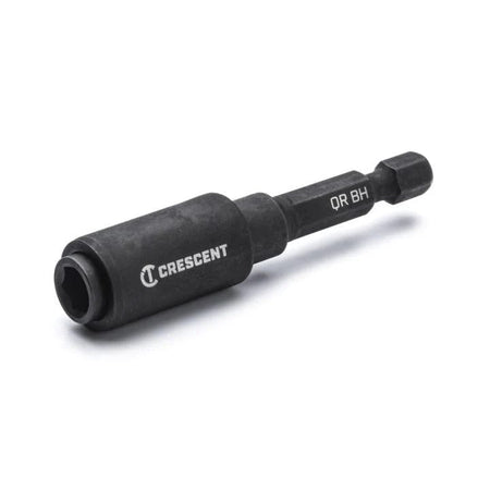 Angled perspective of the Crescent quick release bit holder showing the locking sleeve mechanism and 1/4 inch hex opening