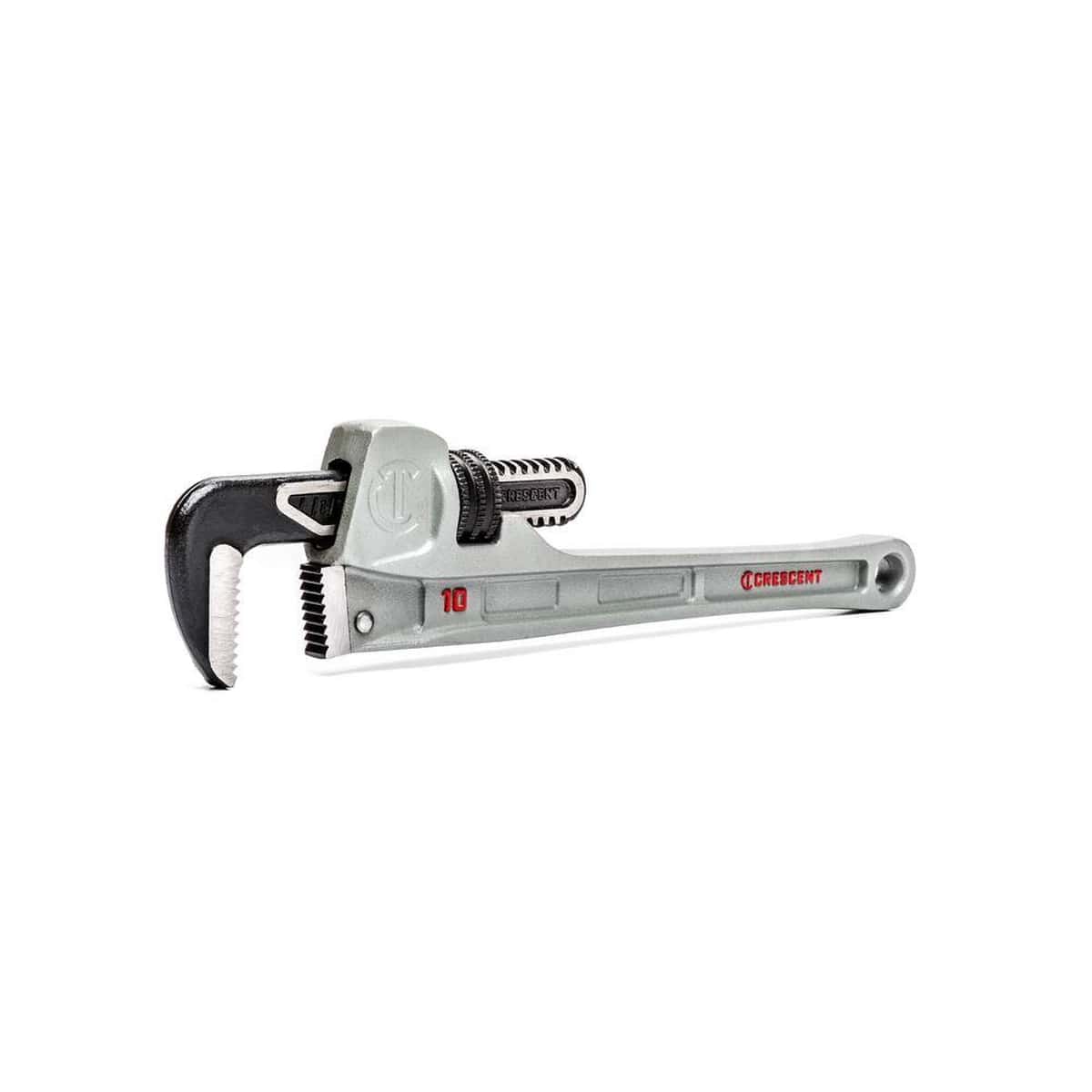 An angled studio view of the Crescent 10-inch aluminum pipe wrench highlighting the slim profile of the jaws for better access in restricted plumbing spaces.