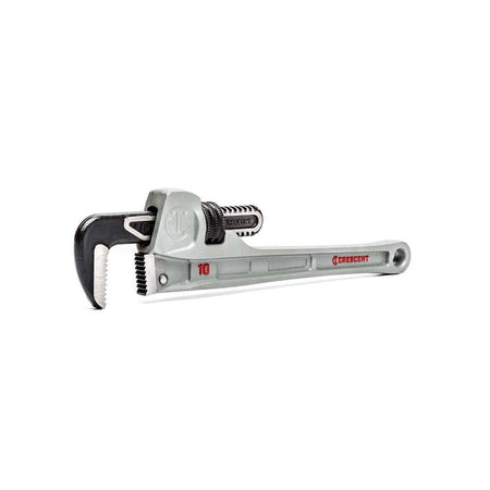 An angled studio view of the Crescent 10-inch aluminum pipe wrench highlighting the slim profile of the jaws for better access in restricted plumbing spaces.