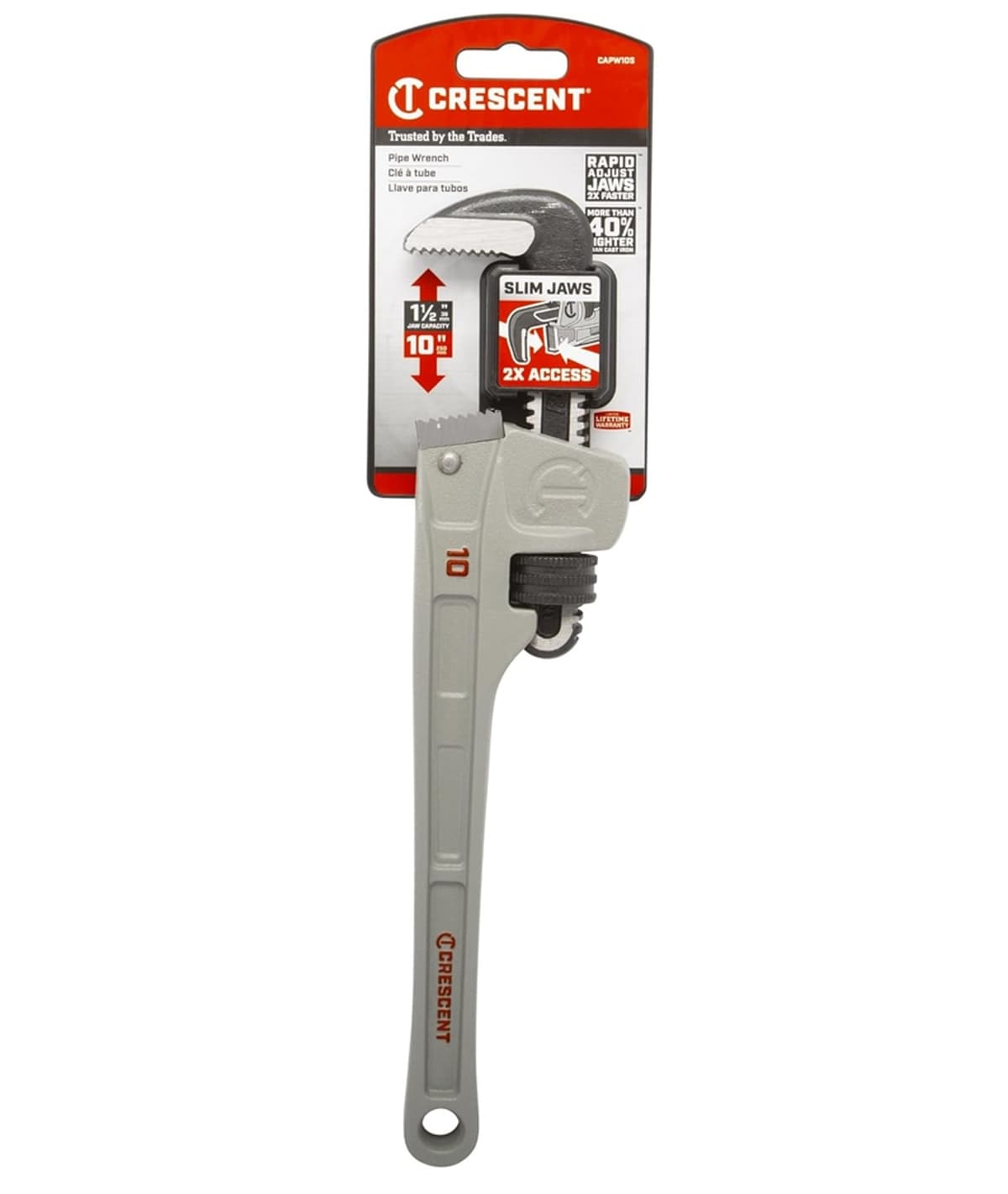 The Crescent CAPW10S aluminum pipe wrench in its original retail packaging, showcasing key features like the 1.5-inch jaw capacity and 2x better access.