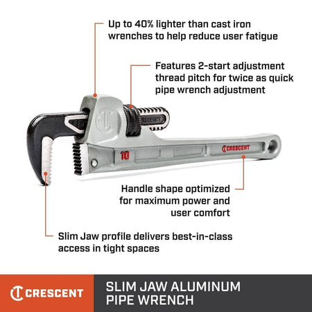 Infographic for the Crescent Slim Jaw aluminum pipe wrench detailing the 40% weight reduction, 2-start adjustment thread pitch, and optimized ergonomic handle shape.