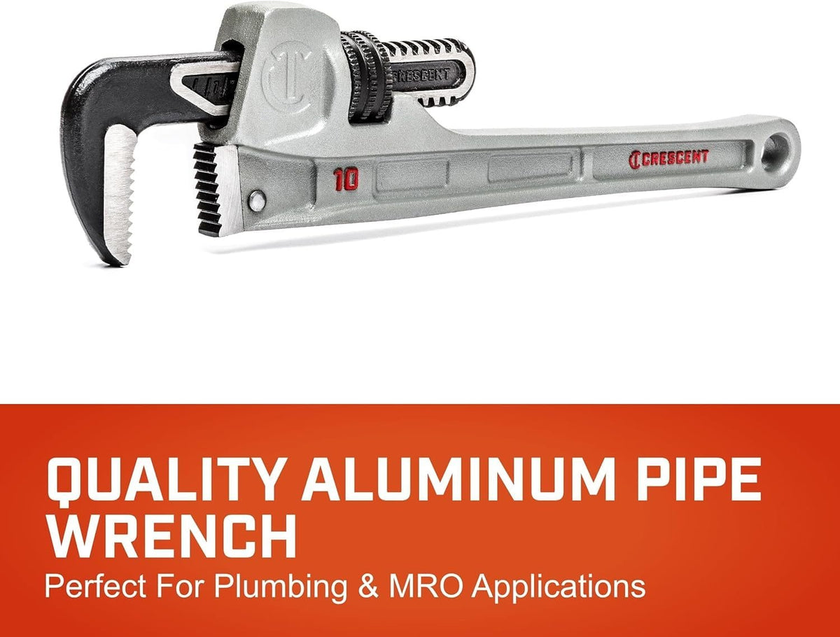 Marketing graphic for the Crescent quality aluminum pipe wrench, identifying it as a perfect hand tool for professional plumbing and MRO applications.
