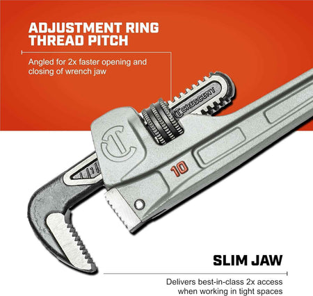 Feature highlight graphic of the Crescent pipe wrench focusing on the adjustment ring thread pitch for faster jaw opening and the Slim Jaw profile for tight spaces.