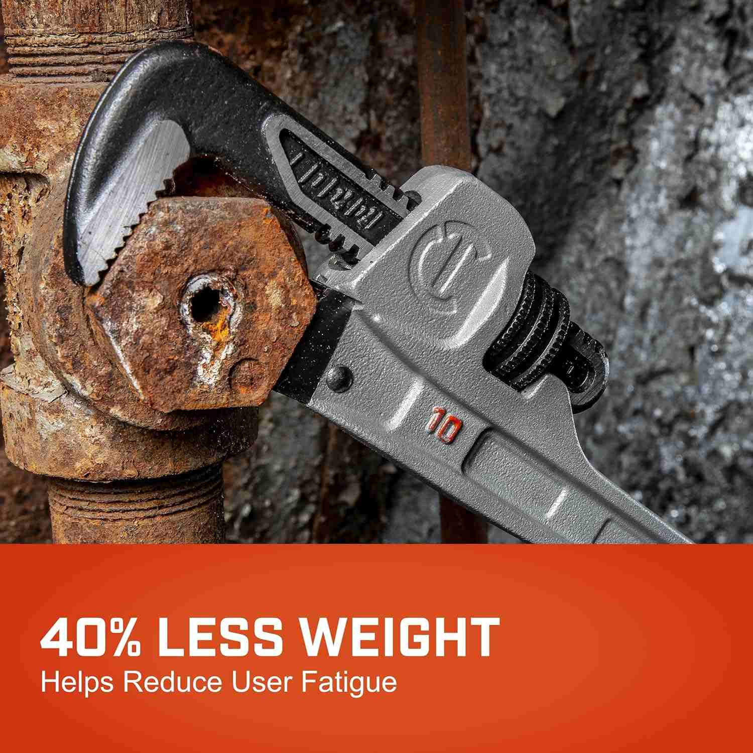 Close-up action shot of the Crescent 10-inch aluminum pipe wrench gripping a rusted hexagonal nut on an industrial pipe, demonstrating its 40% less weight for reduced user fatigue.