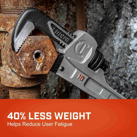 Close-up action shot of the Crescent 10-inch aluminum pipe wrench gripping a rusted hexagonal nut on an industrial pipe, demonstrating its 40% less weight for reduced user fatigue.