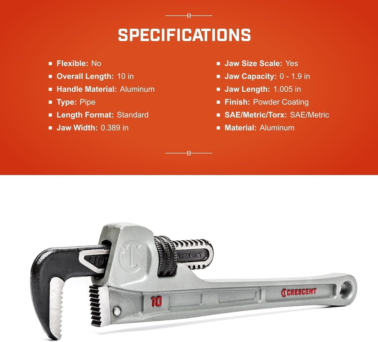 Specifications infographic for the CAPW10S aluminum pipe wrench, listing technical data such as the 10-inch overall length, powder coating finish, and 1.9-inch jaw capacity.