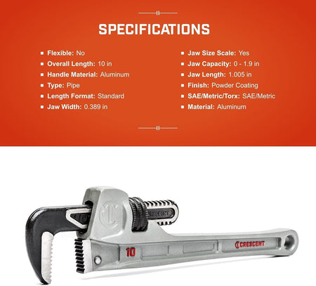 Specifications infographic for the CAPW10S aluminum pipe wrench, listing technical data such as the 10-inch overall length, powder coating finish, and 1.9-inch jaw capacity.