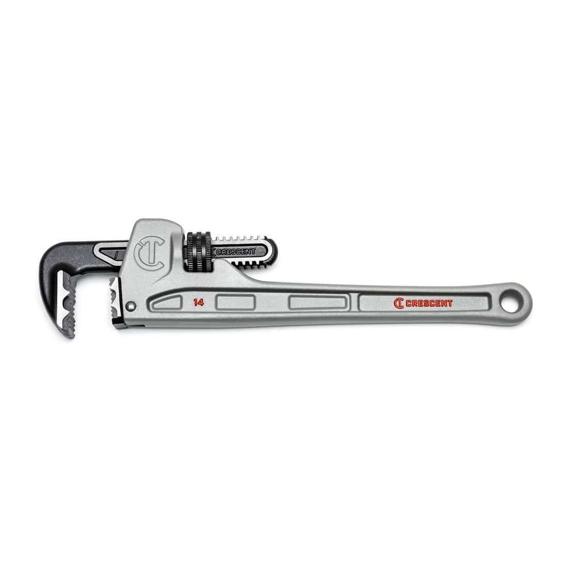 Side profile view of the Crescent CAPW14 14-inch aluminum pipe wrench featuring the patent-pending K9 jaw teeth and a lightweight, silver aluminum body with high-visibility red branding.