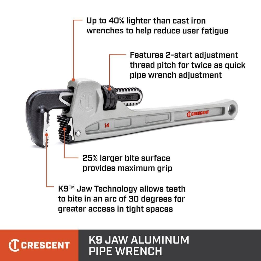 Infographic detailing the professional features of the Crescent 14-inch aluminum pipe wrench, including its 40% lighter design, 2-start adjustment thread pitch, 25% larger bite surface, and 30-degree K9 jaw technology.