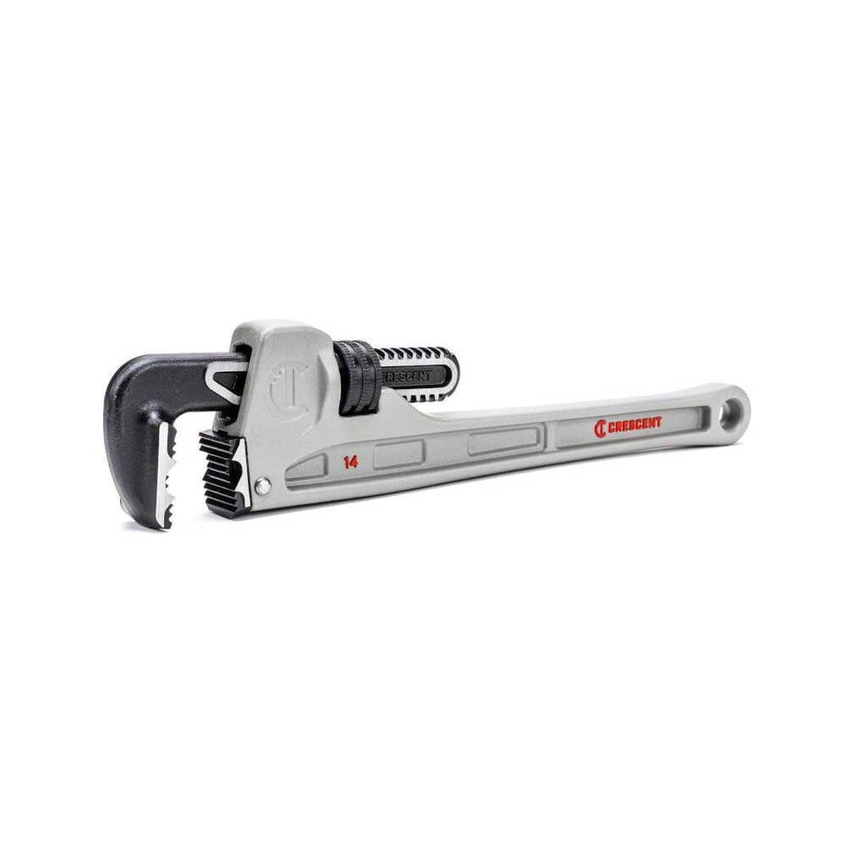 Angled studio shot of the Crescent CAPW14 pipe wrench showcasing the aggressive K9 jaw teeth designed for maximum biting power and a large adjustment ring for rapid opening.
