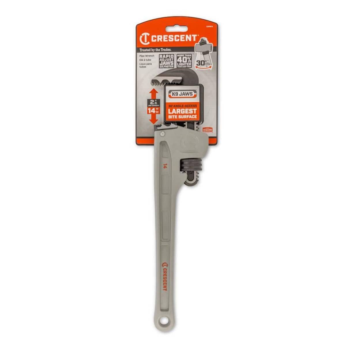The Crescent 14-inch aluminum pipe wrench in its original retail hanging packaging, highlighting the 2-inch jaw capacity and the unique 30-degree angle access feature.