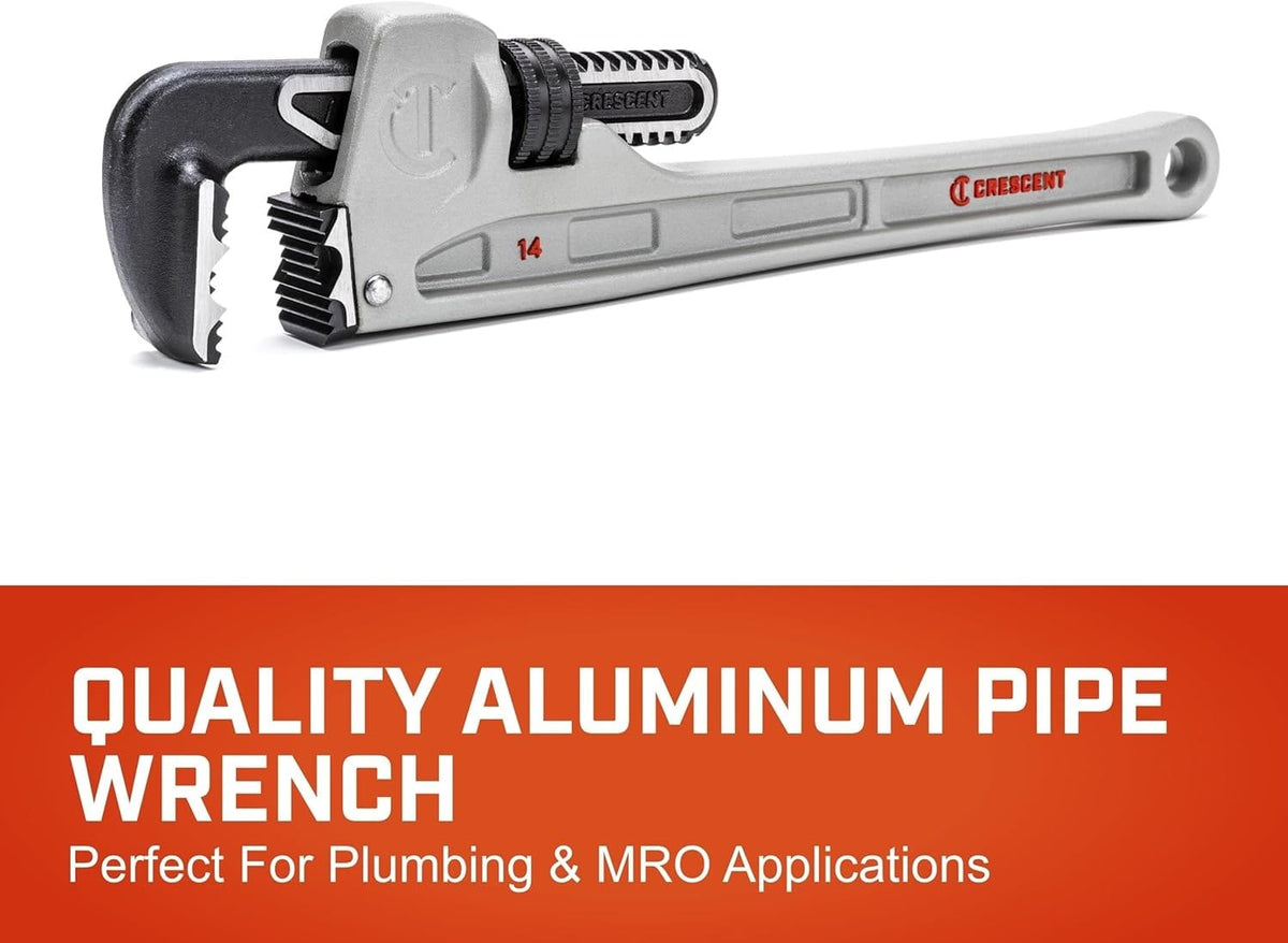 Marketing graphic for the Crescent quality aluminum pipe wrench, identifying it as a premium hand tool specifically engineered for professional plumbing and MRO applications.