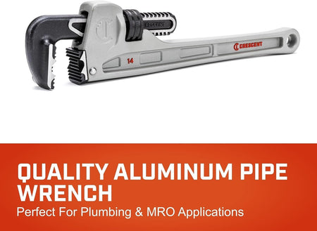 Marketing graphic for the Crescent quality aluminum pipe wrench, identifying it as a premium hand tool specifically engineered for professional plumbing and MRO applications.