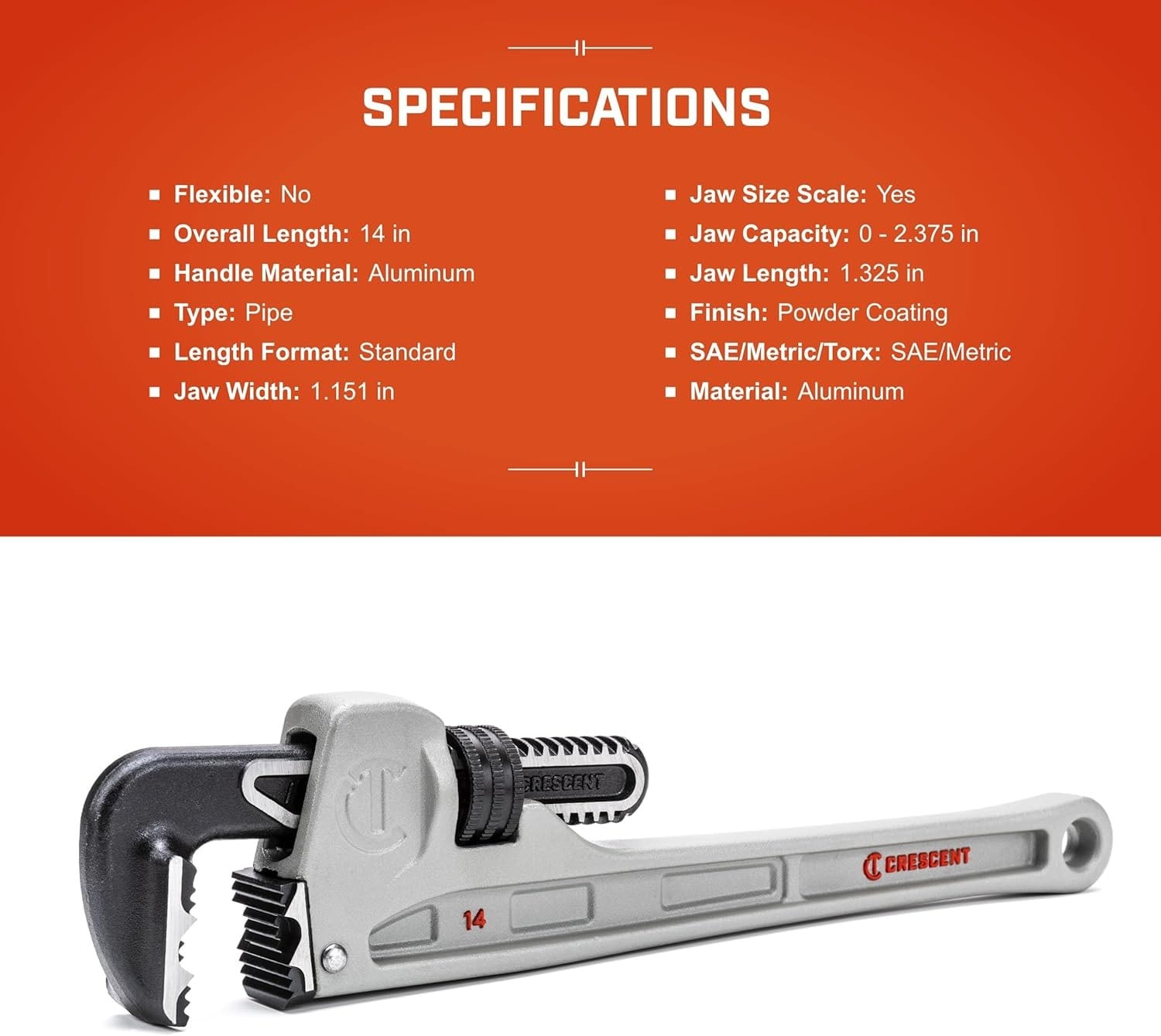 Specifications infographic for the CAPW14 aluminum pipe wrench listing technical data including the 14-inch overall length, 2.375-inch jaw capacity, and high-strength aluminum construction.