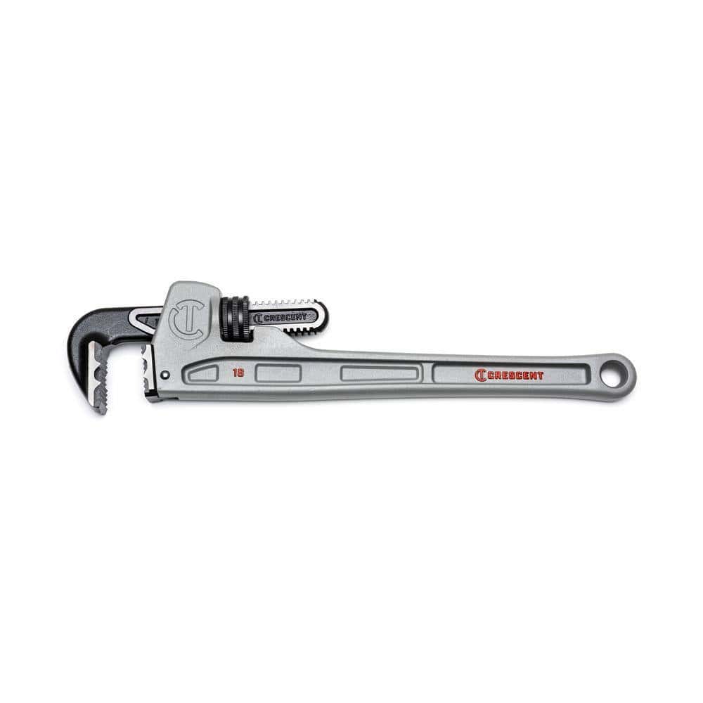 Side profile view of the Crescent CAPW18 18-inch aluminum pipe wrench featuring the patent-pending K9 jaw teeth and a lightweight silver aluminum body.