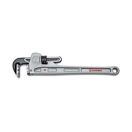 Side profile view of the Crescent CAPW18 18-inch aluminum pipe wrench featuring the patent-pending K9 jaw teeth and a lightweight silver aluminum body.