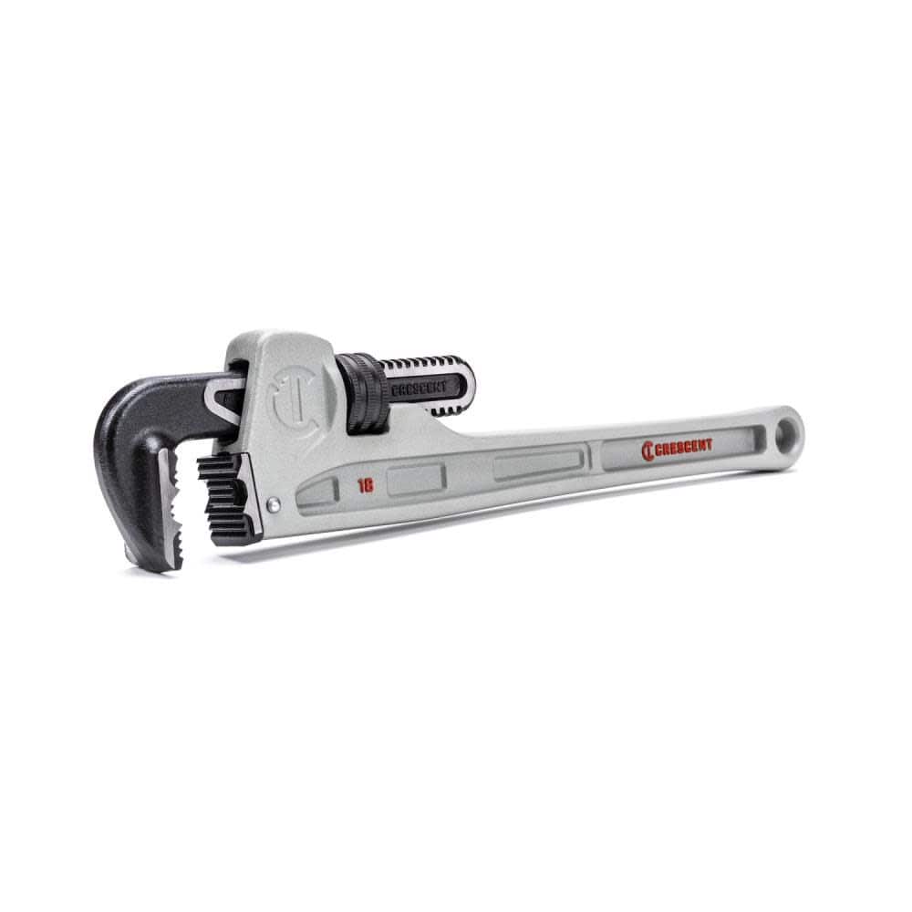 Angled studio shot of the Crescent CAPW18 aluminum pipe wrench showcasing the aggressive jaw teeth and the large adjustment ring for rapid opening.