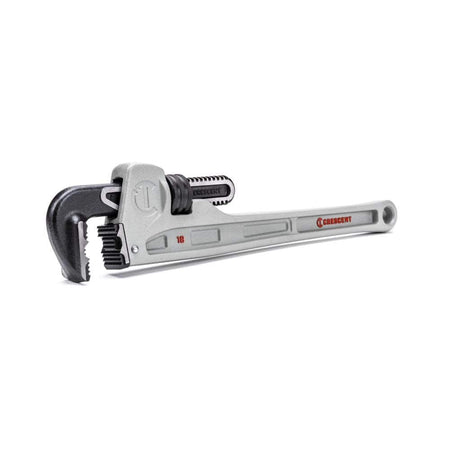 Angled studio shot of the Crescent CAPW18 aluminum pipe wrench showcasing the aggressive jaw teeth and the large adjustment ring for rapid opening.