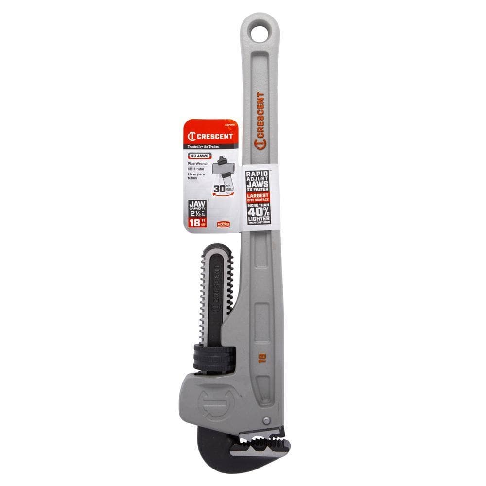 The Crescent 18-inch aluminum pipe wrench in its original retail packaging, showcasing the 2.5-inch jaw capacity and professional-grade MRO application suitability.