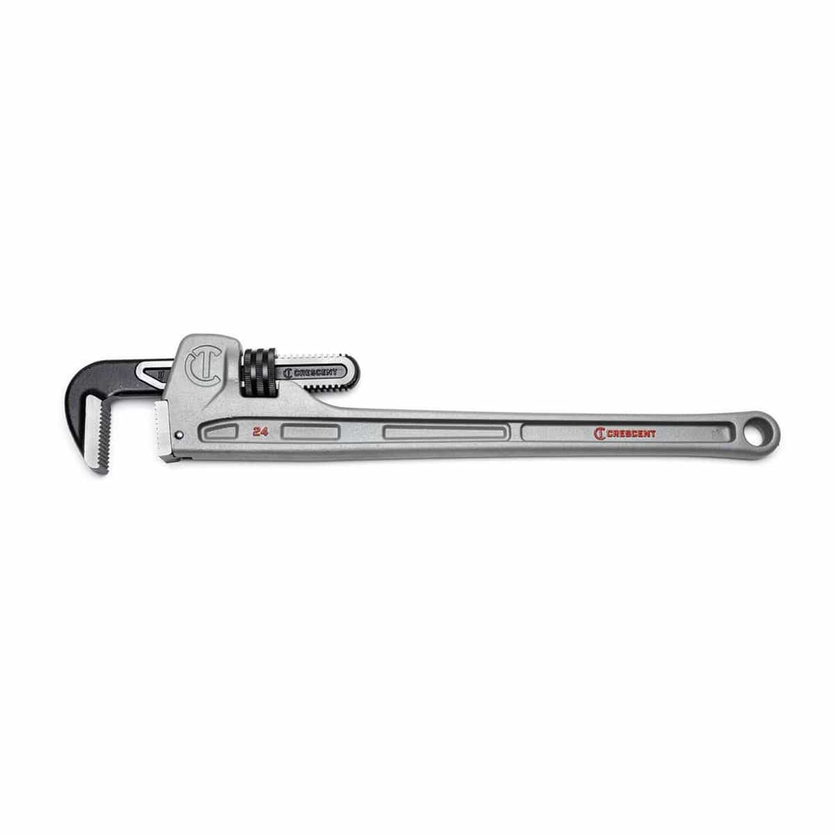 Side profile view of the Crescent CAPW24 24-inch aluminum pipe wrench featuring a lightweight silver handle and high-visibility red branding for plumbing and MRO.