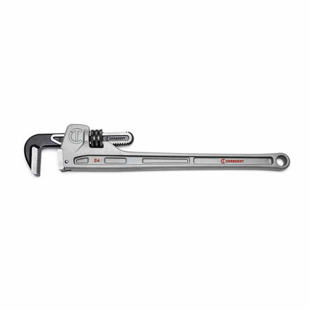 Side profile view of the Crescent CAPW24 24-inch aluminum pipe wrench featuring a lightweight silver handle and high-visibility red branding for plumbing and MRO.