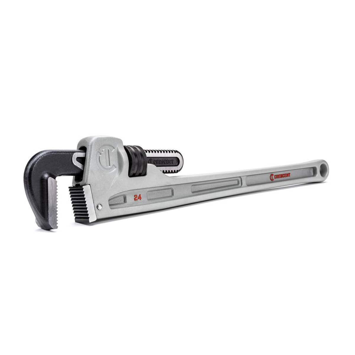 Angled studio shot of the Crescent CAPW24 aluminum pipe wrench showcasing the high-strength forged jaws and the large adjustment ring for rapid opening.