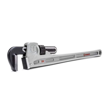 Angled studio shot of the Crescent CAPW24 aluminum pipe wrench showcasing the high-strength forged jaws and the large adjustment ring for rapid opening.