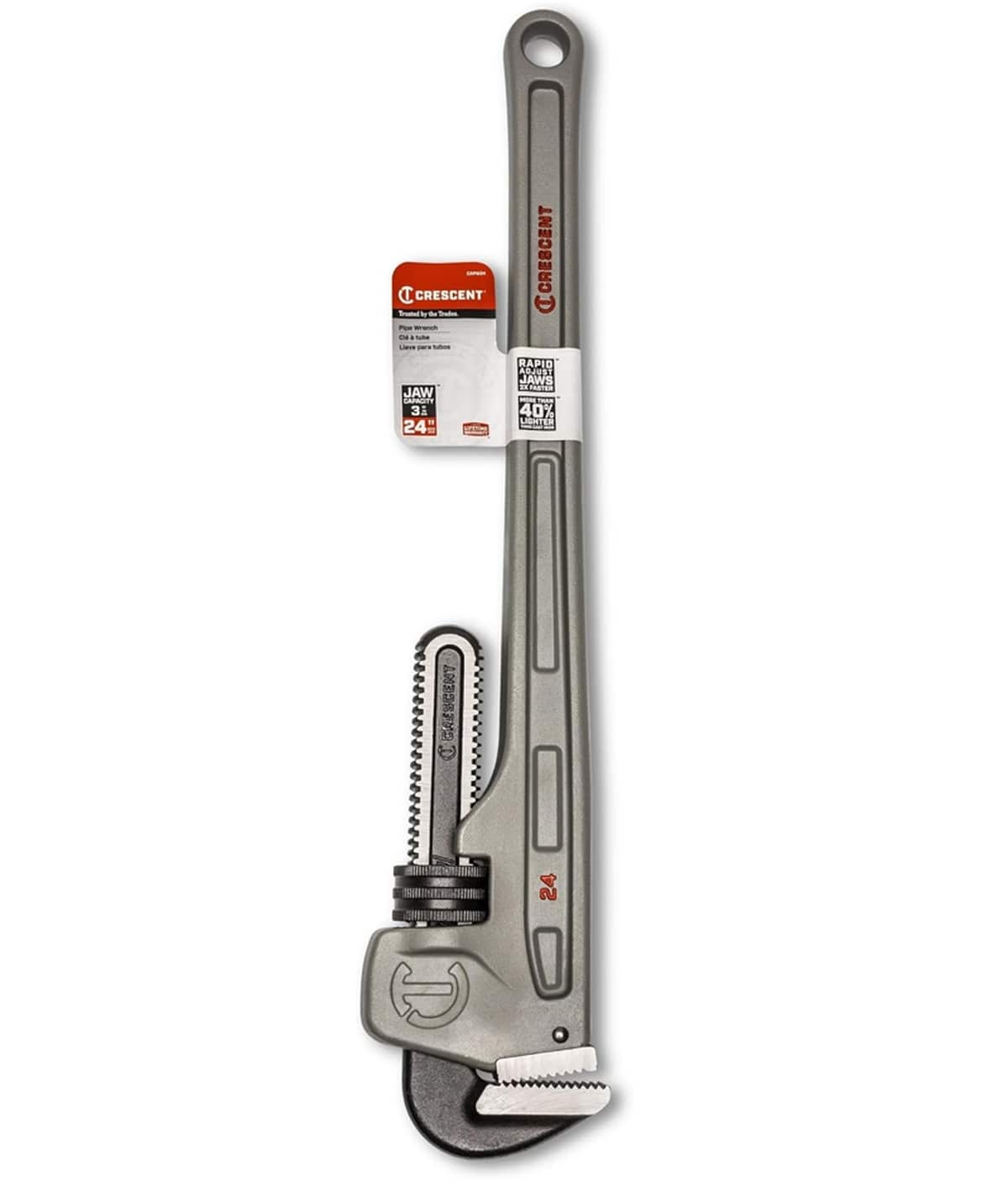 The Crescent 24-inch aluminum pipe wrench in its original retail hanging packaging, highlighting the 3.5-inch jaw capacity and professional durability specifications.