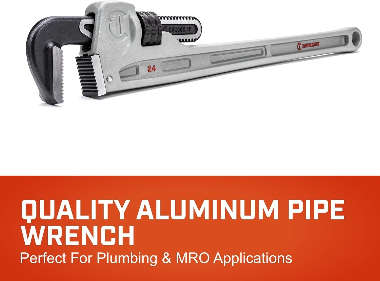 Marketing graphic for the Crescent quality aluminum pipe wrench, identifying it as a premium hand tool specifically engineered for professional plumbing and MRO applications.