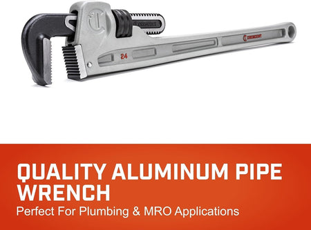 Marketing graphic for the Crescent quality aluminum pipe wrench, identifying it as a premium hand tool specifically engineered for professional plumbing and MRO applications.