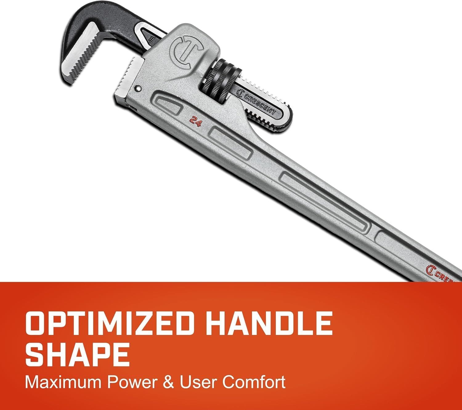 Detailed view of the optimized handle shape of the Crescent 24-inch aluminum pipe wrench, designed for maximum prying power and professional user comfort.