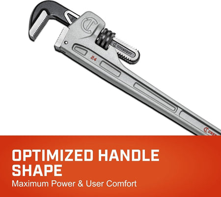 Detailed view of the optimized handle shape of the Crescent 24-inch aluminum pipe wrench, designed for maximum prying power and professional user comfort.