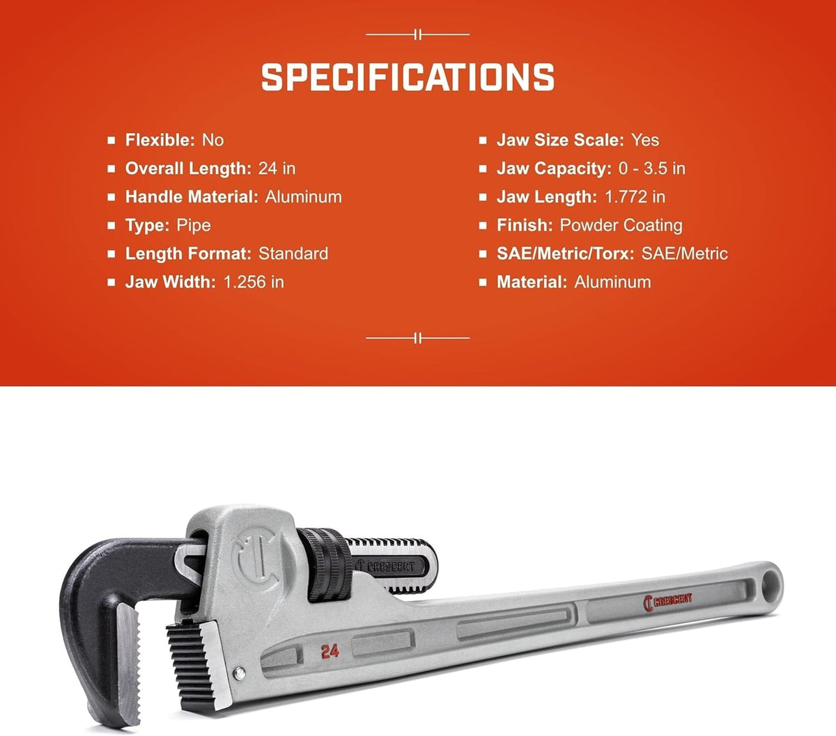 Specifications infographic for the CAPW24 aluminum pipe wrench listing technical data including the 24-inch overall length, 3.5-inch jaw capacity, and powder coating finish.