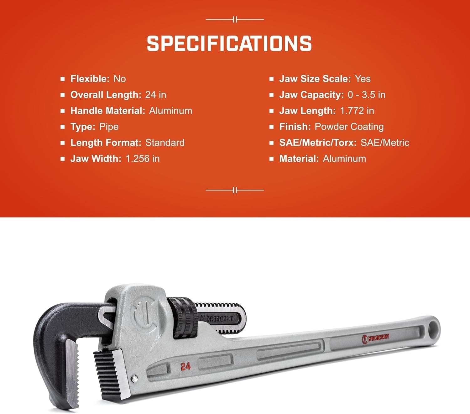 Specifications infographic for the CAPW24 aluminum pipe wrench listing technical data including the 24-inch overall length, 3.5-inch jaw capacity, and powder coating finish.