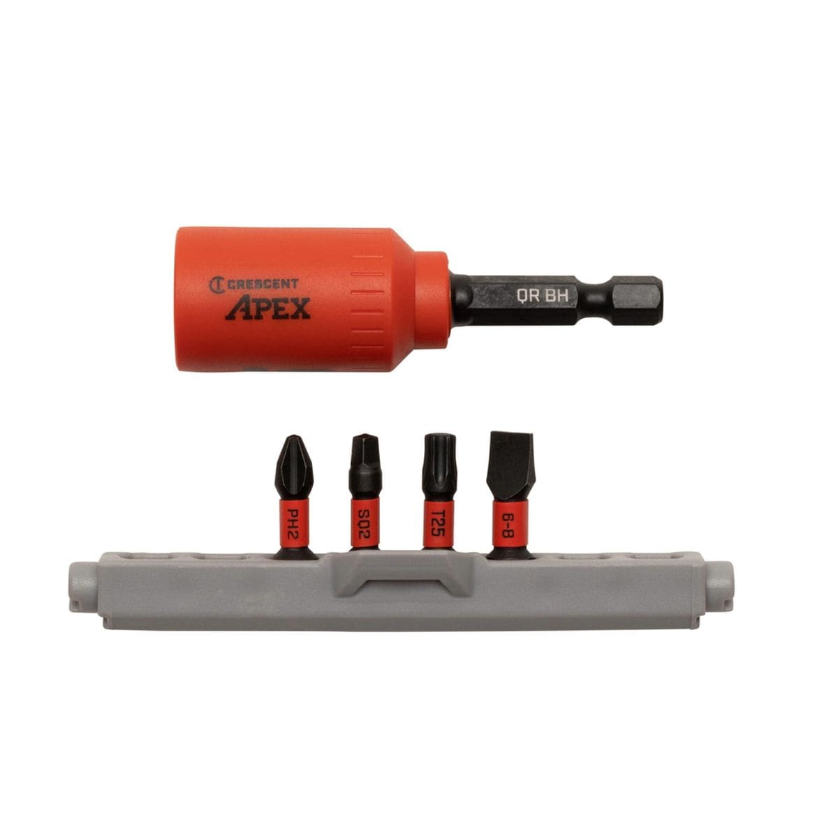 Top-down view of the Crescent CAUGBQ2DR-4 5-piece u-GUARD quick-release non-marring bit holder set on a white background, featuring the orange protective sleeve and four VORTEX impact power bits in a grey storage rail.
